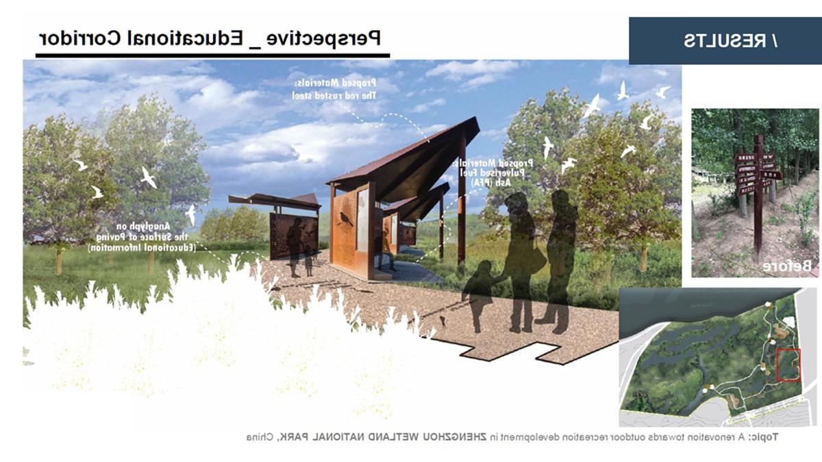 Landscape Architecture student project for a boardwalk through a wetland, showing a proposed educational corridor.