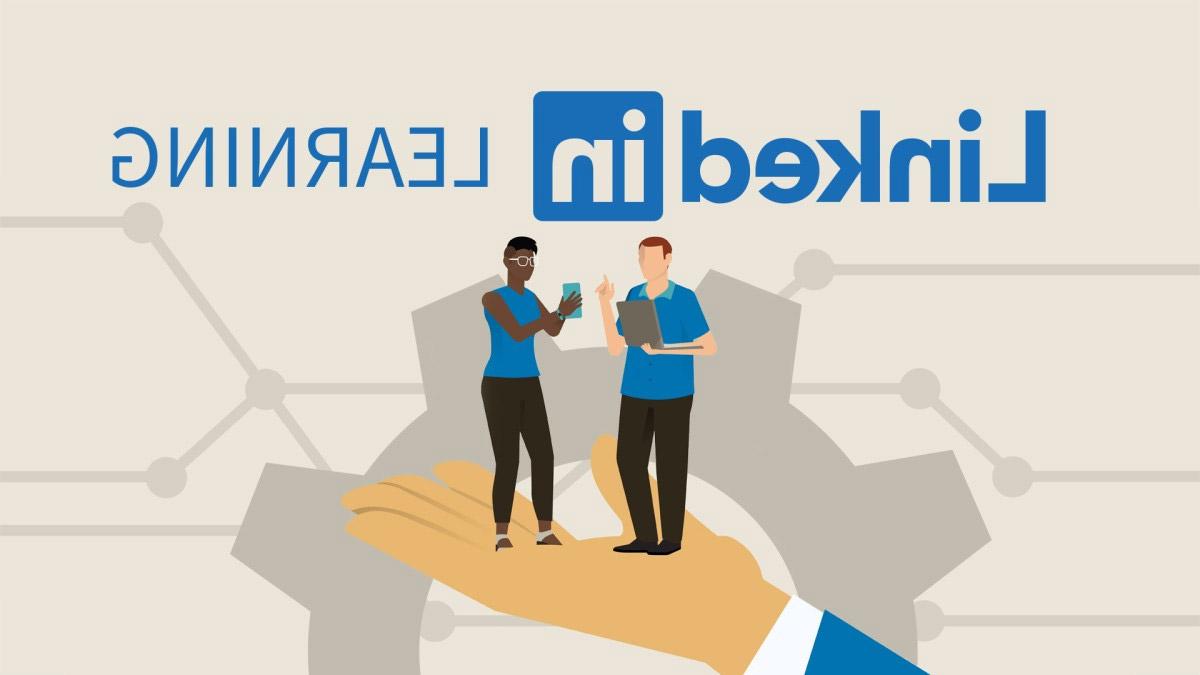 A LinkedIn Learning illustration with two people standing on a palm of a hand